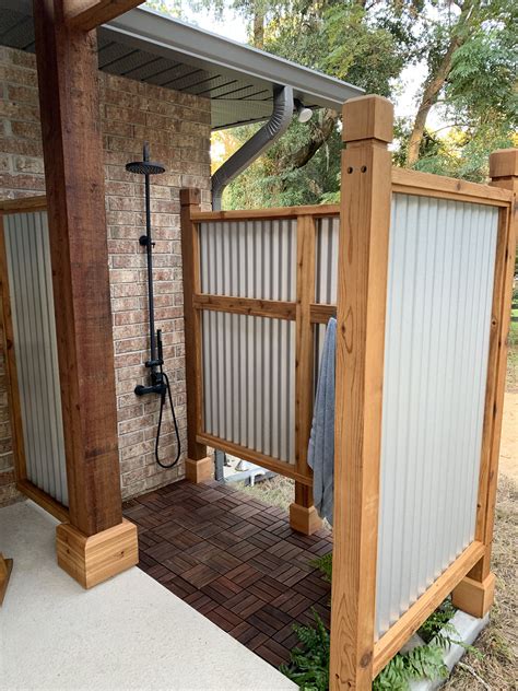 corrugated metal outdoor shower enclosure|tin shower walls.